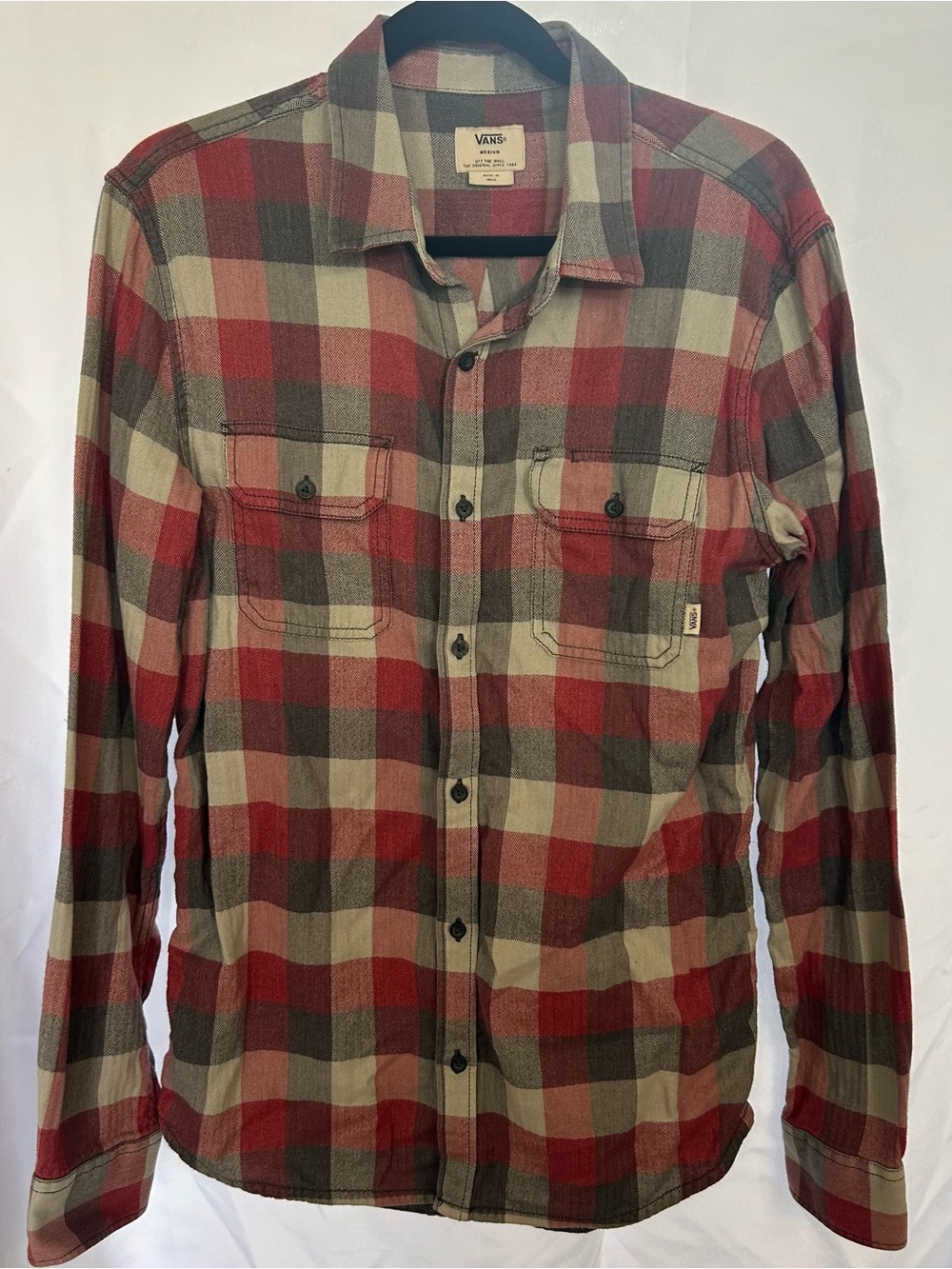 Vans Men’s Red, Gray & Cream Plaid Button-Down Shirt